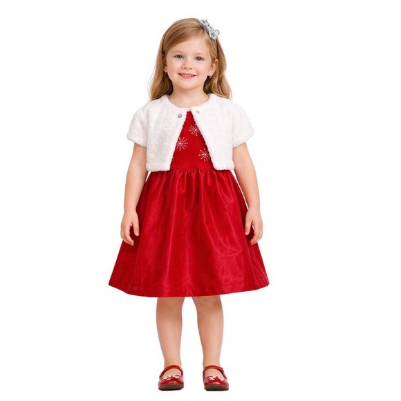 Red Velvet Party Dress White Faux Fur Shrug & Bow - Picture 2 of 14